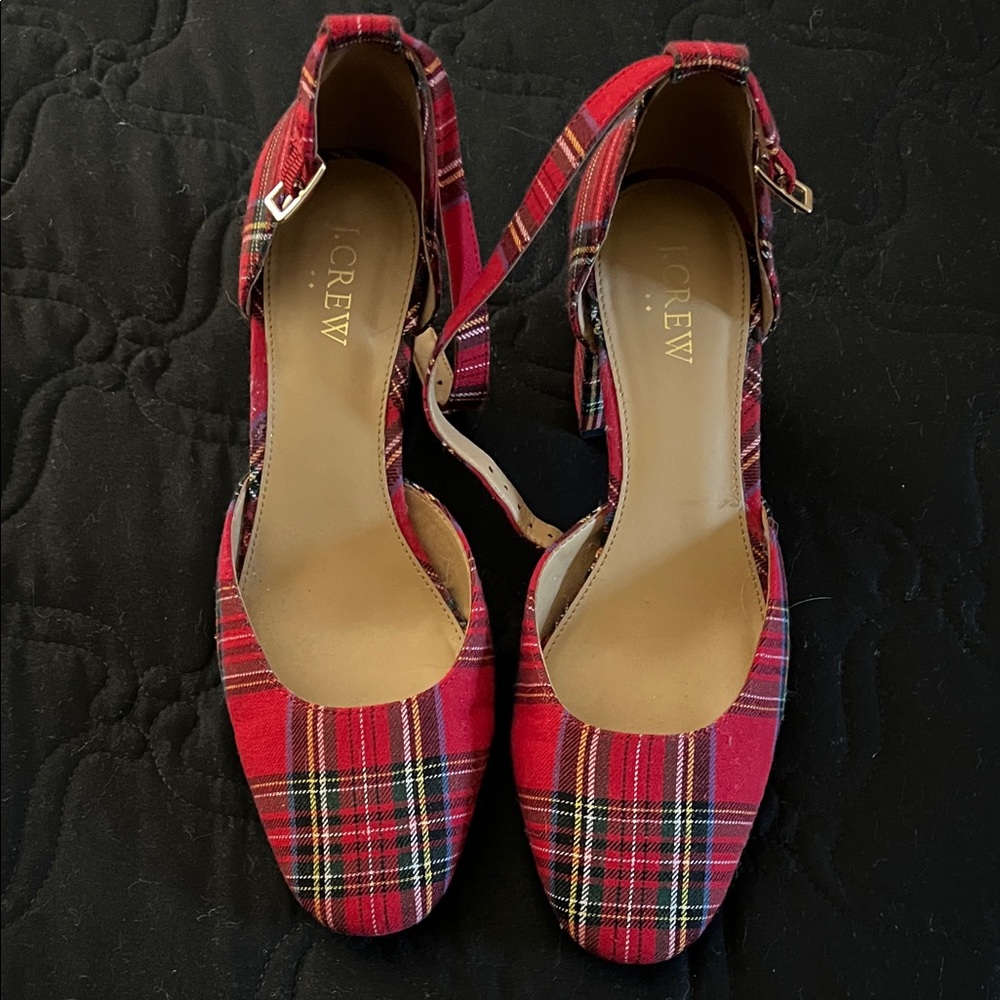 J. Crew Red Plaid Ankle-Strap Heels with Gold Buckle